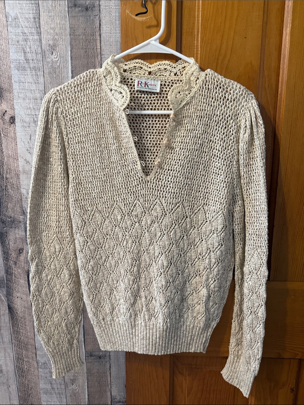 RK Knits Cream Crochet Collar Knit Sweater